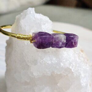Amethyst 3‑Stone Wire Wrap Adjustable Cuff w/ 14Kt Gold Over Copper – NWT